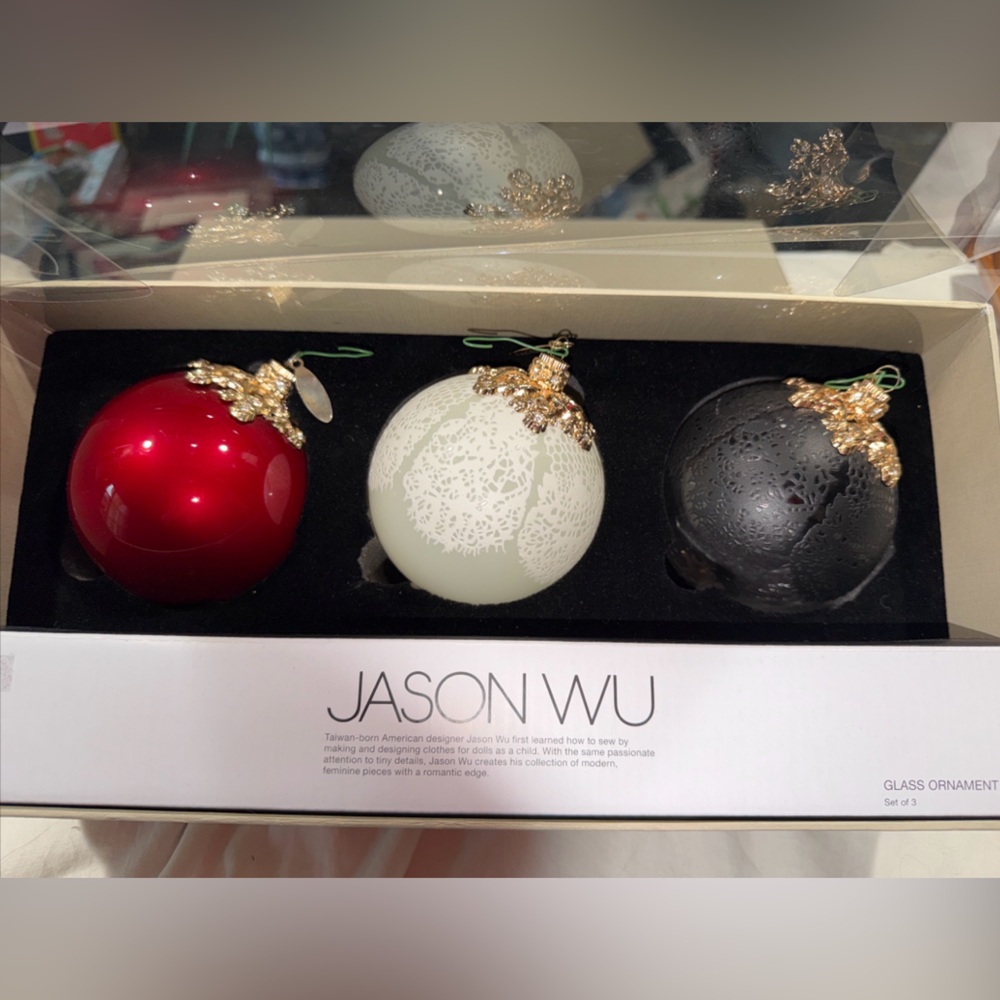 Jason Wu Special Edition Glass Christmas Ornament Balls Red, Black, White 3 Pcs